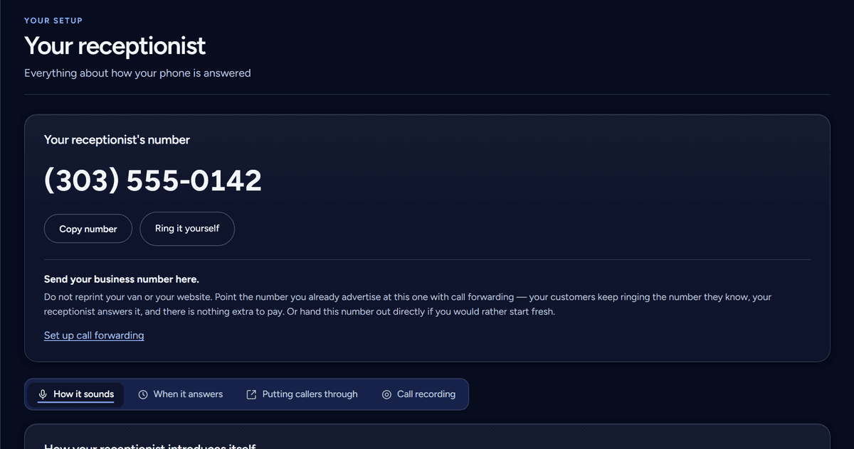 The receptionist settings page: the business's phone number with call-forwarding setup, and tabs for how it sounds, when it answers, putting callers through and call recording.