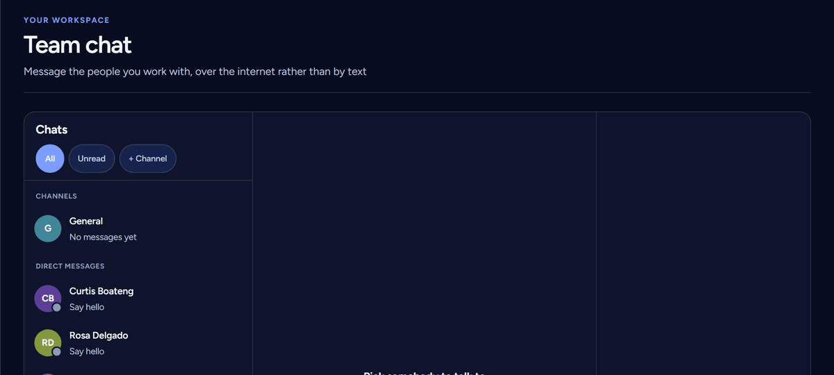 The Team chat page: a channel list and direct messages for the people who work at the business.
