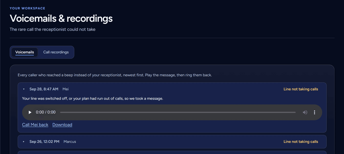 The voicemails page: a list of messages with a player open on the newest, its transcript underneath, and a call-back link.